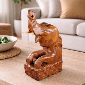 Vintage Teak Wood Elephant Bookend Hand Carved Decor